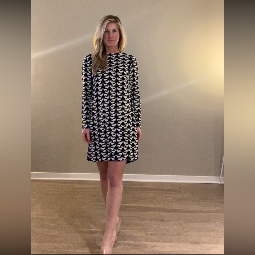 H&M Women Shift Dress Size 6 Black White Cat Print Geo Long Sleeve Keyhole Back